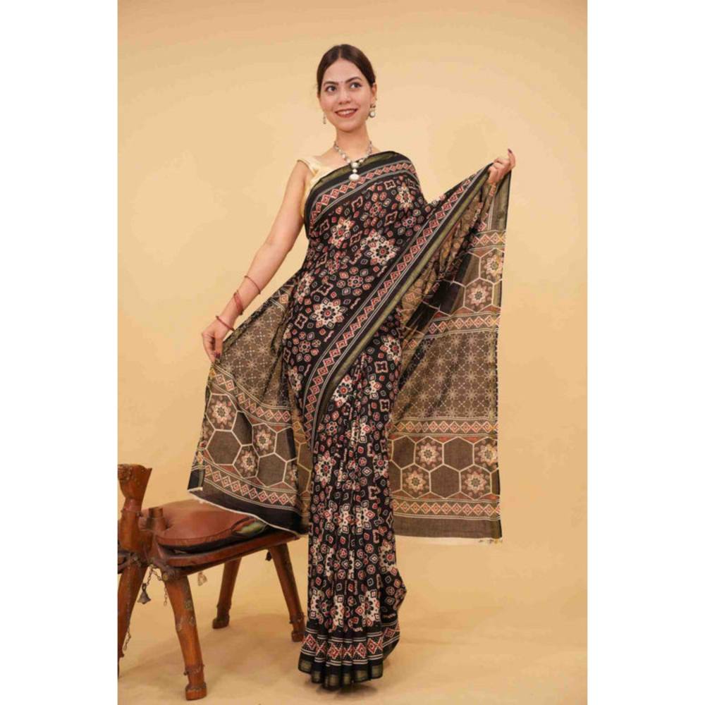 Isadora Life Womens Block Print Black Pre-Draped Saree with Unstitched Blouse