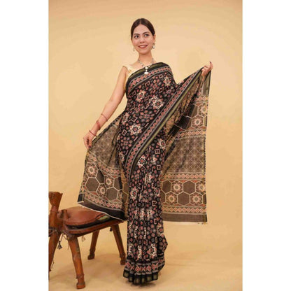 Isadora Life Womens Block Print Black Pre-Draped Saree with Unstitched Blouse