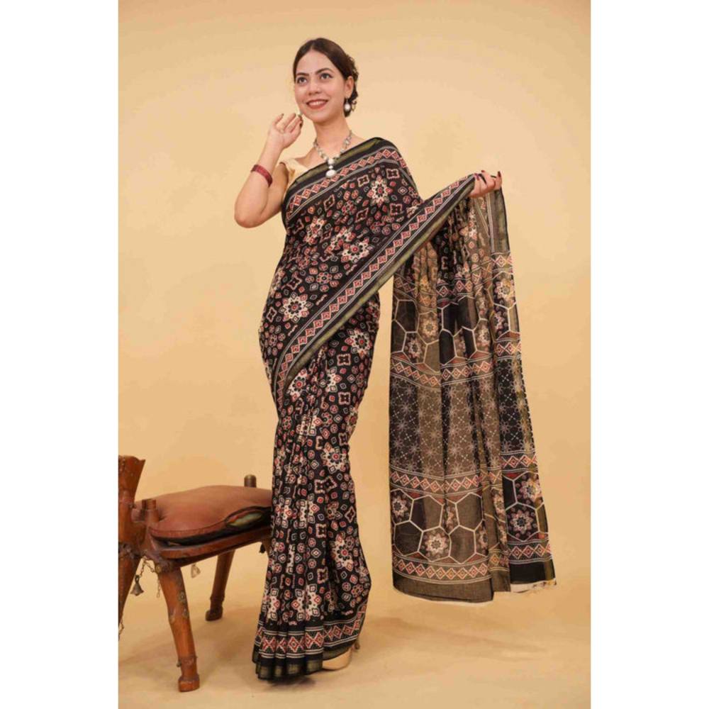 Isadora Life Womens Block Print Black Pre-Draped Saree with Unstitched Blouse