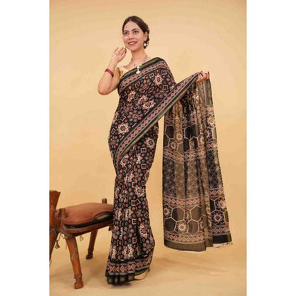Isadora Life Womens Block Print Black Pre-Draped Saree with Unstitched Blouse