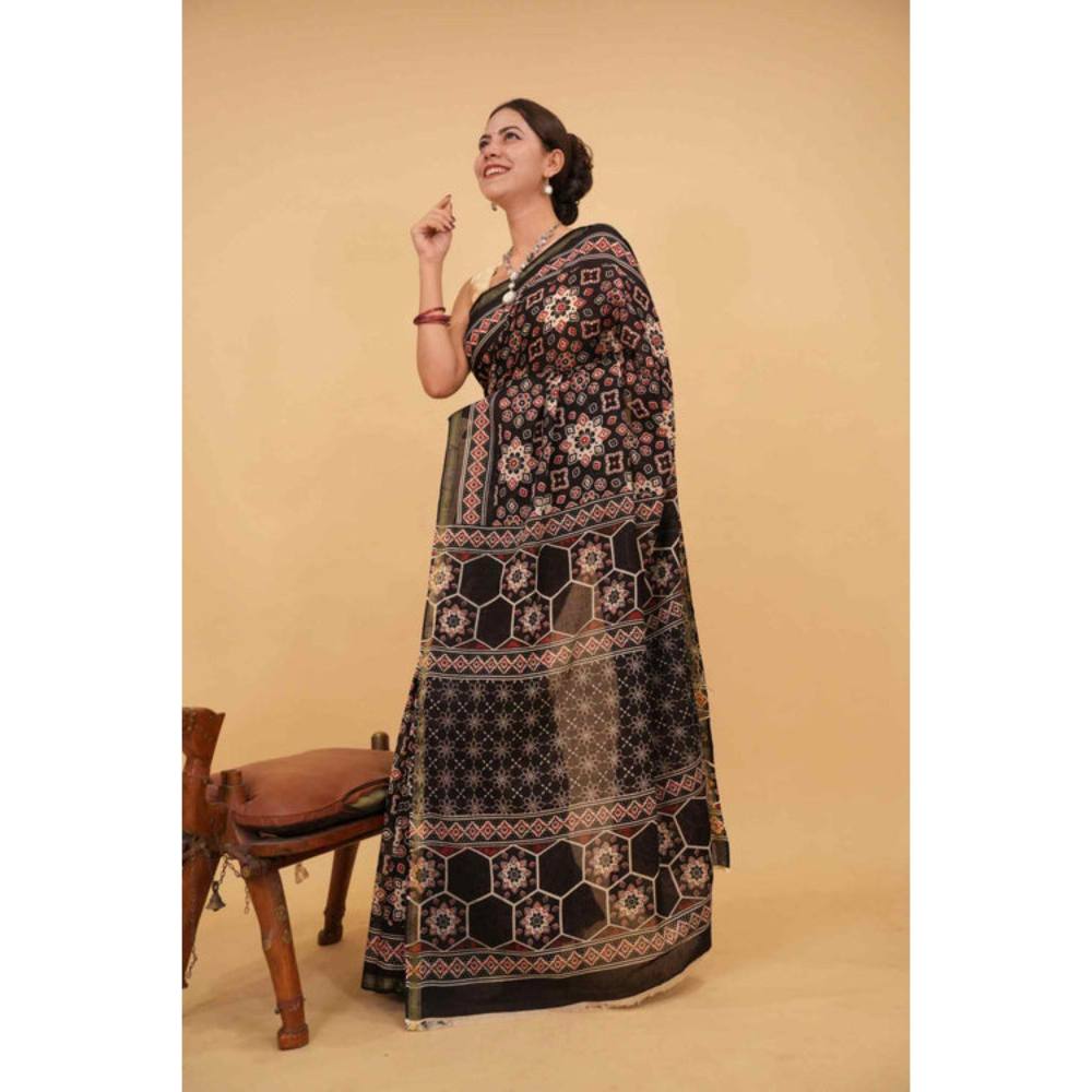 Isadora Life Womens Block Print Black Pre-Draped Saree with Unstitched Blouse