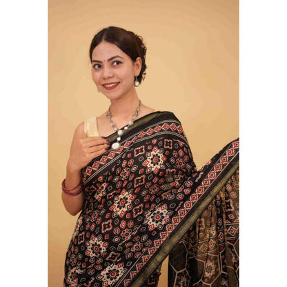 Isadora Life Womens Block Print Black Pre-Draped Saree with Unstitched Blouse