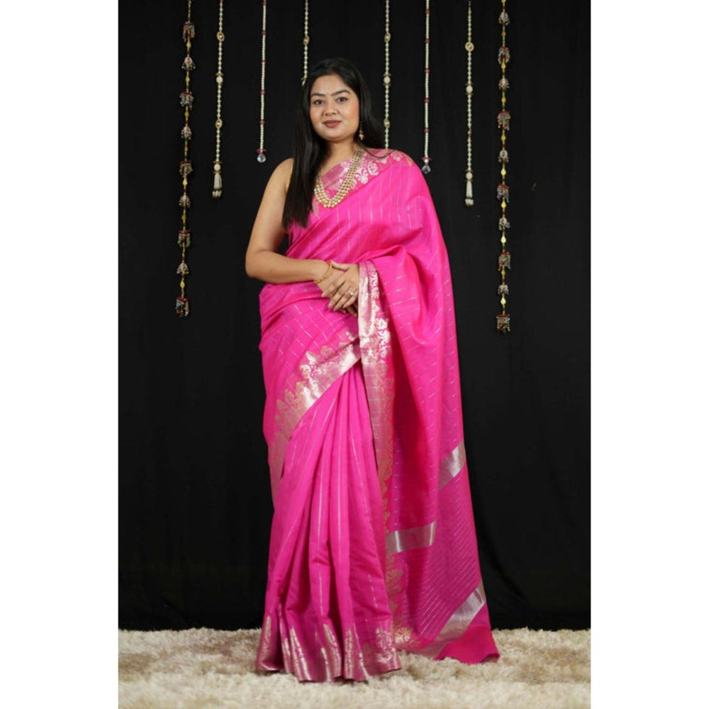 Isadora Life Womens Stripes Zari Pink Pre-Draped Saree with Unstitched Blouse