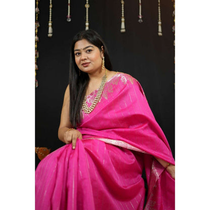 Isadora Life Womens Stripes Zari Pink Pre-Draped Saree with Unstitched Blouse