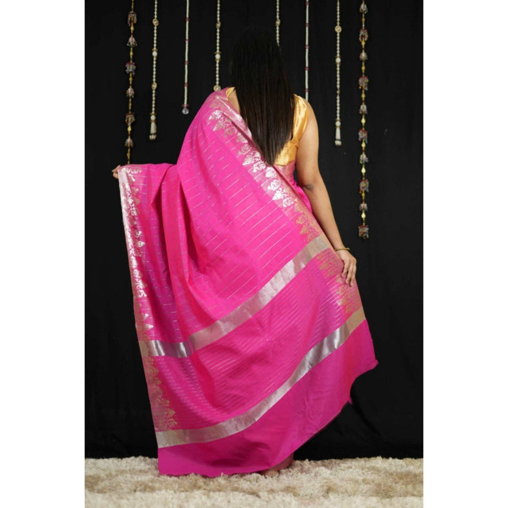 Isadora Life Womens Stripes Zari Pink Pre-Draped Saree with Unstitched Blouse