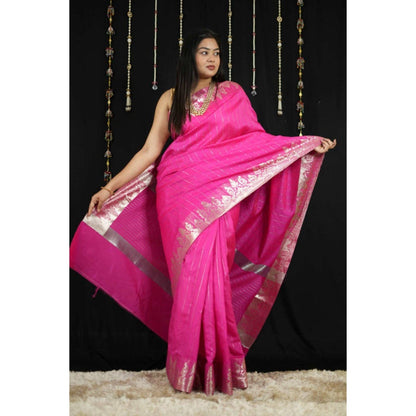 Isadora Life Womens Stripes Zari Pink Pre-Draped Saree with Unstitched Blouse