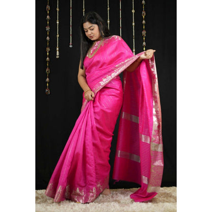 Isadora Life Womens Stripes Zari Pink Pre-Draped Saree with Unstitched Blouse