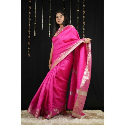 Isadora Life Womens Stripes Zari Pink Pre-Draped Saree with Unstitched Blouse