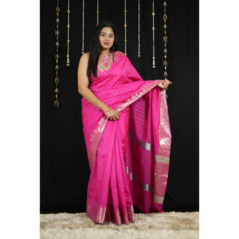 Isadora Life Womens Stripes Zari Pink Pre-Draped Saree with Unstitched Blouse