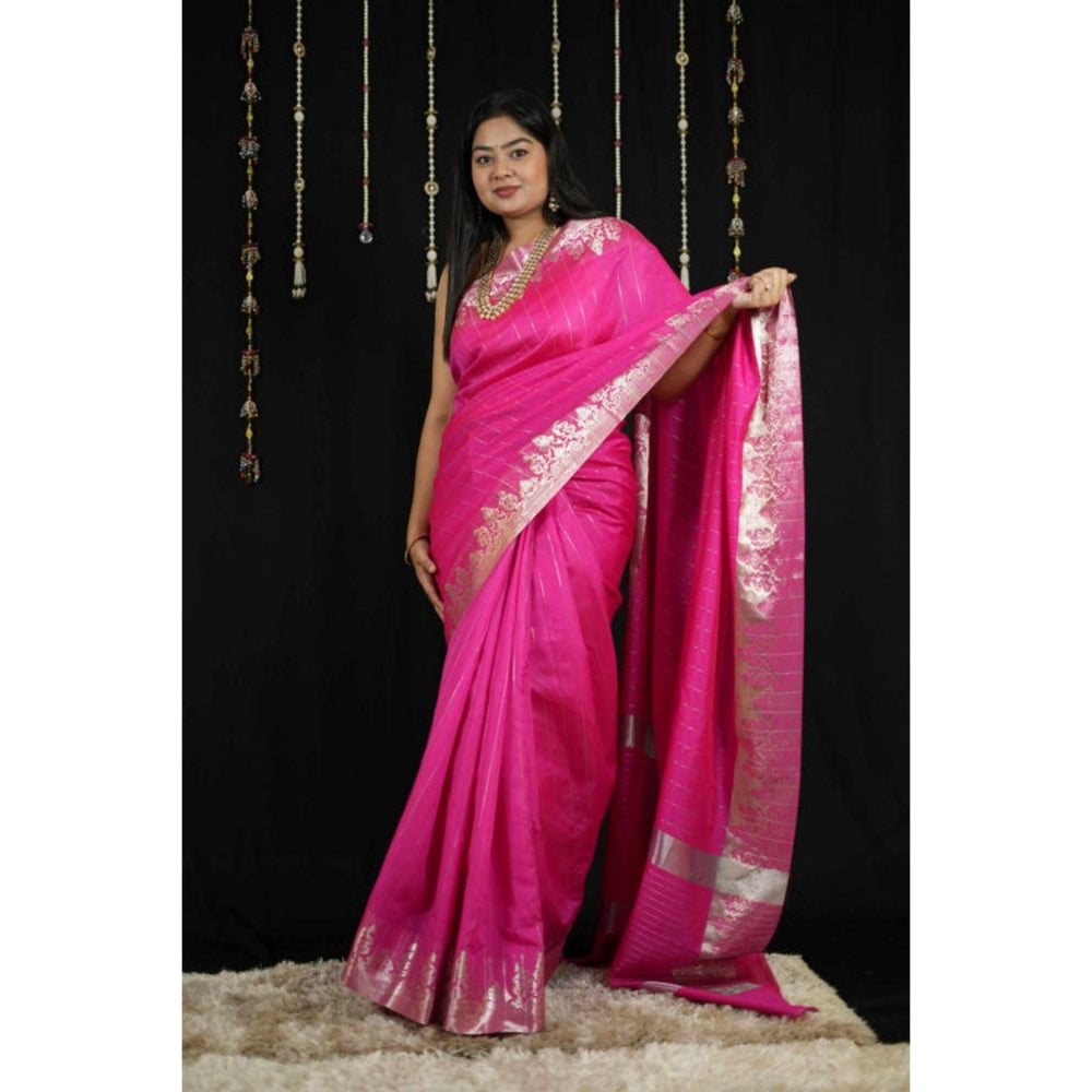 Isadora Life Womens Stripes Zari Pink Pre-Draped Saree with Unstitched Blouse