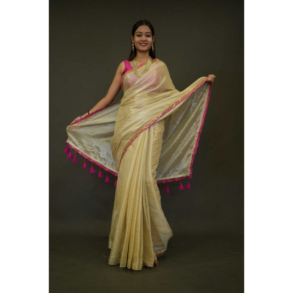 Isadora Life Womens Solid Tassels Beige Pre-Draped Saree with Unstitched Blouse