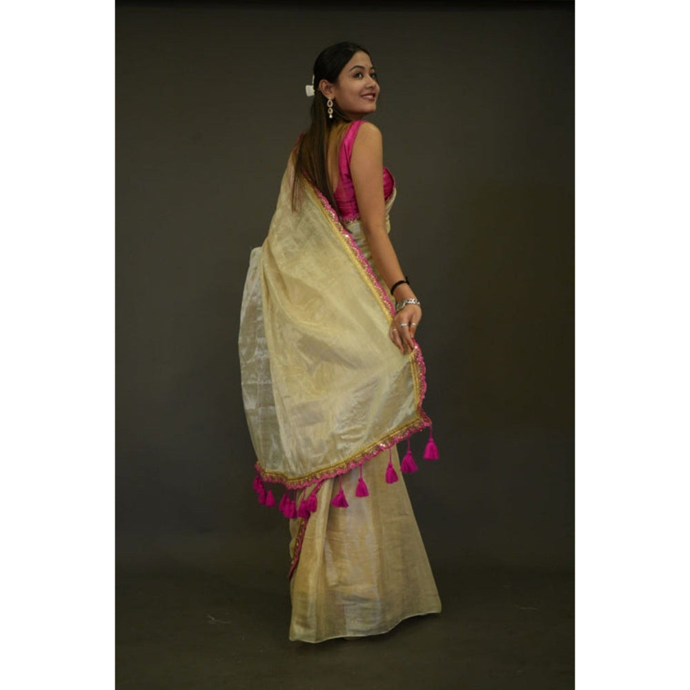 Isadora Life Womens Solid Tassels Beige Pre-Draped Saree with Unstitched Blouse