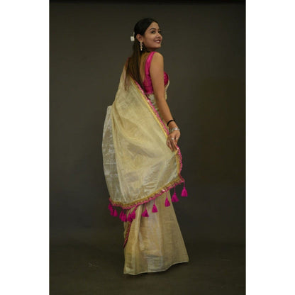 Isadora Life Womens Solid Tassels Beige Pre-Draped Saree with Unstitched Blouse