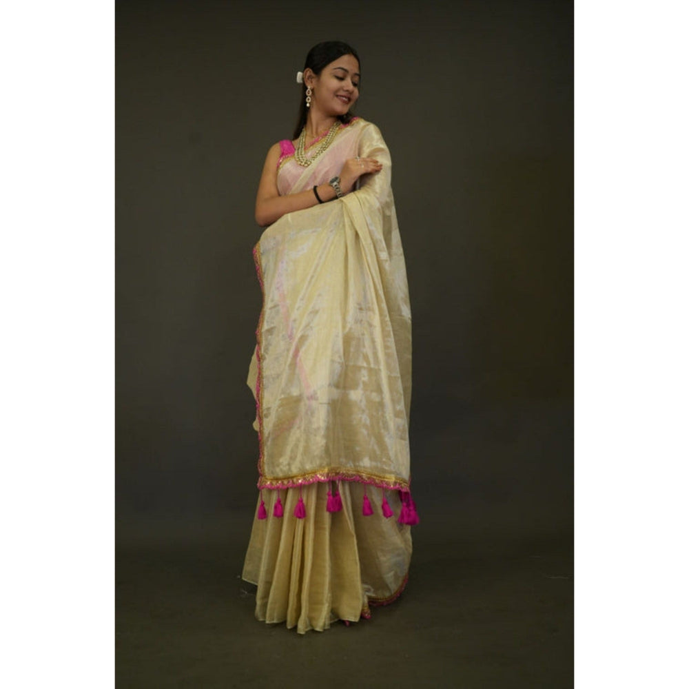 Isadora Life Womens Solid Tassels Beige Pre-Draped Saree with Unstitched Blouse