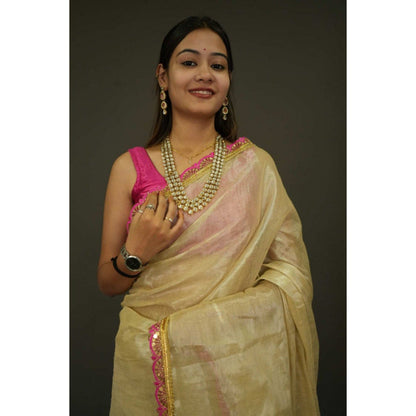 Isadora Life Womens Solid Tassels Beige Pre-Draped Saree with Unstitched Blouse