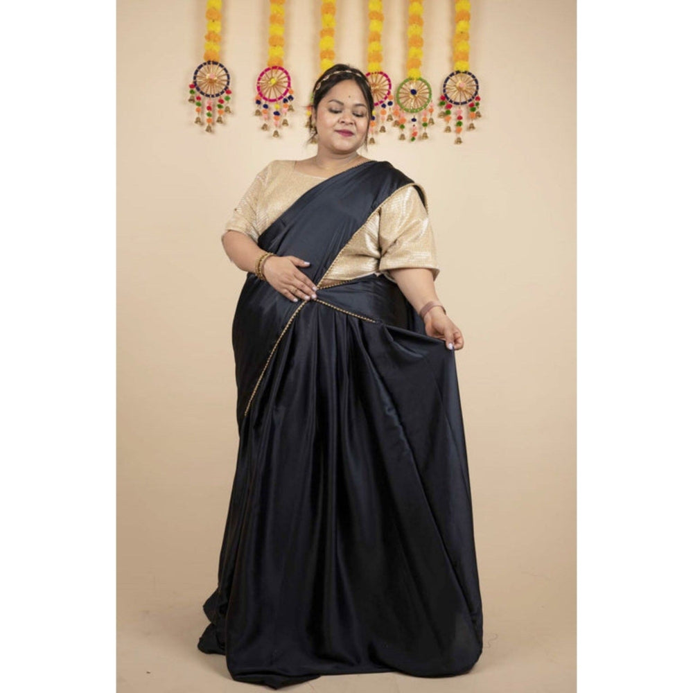 Isadora Life Womens Solid Sequined Black Pre-Draped Saree with Unstitched Blouse