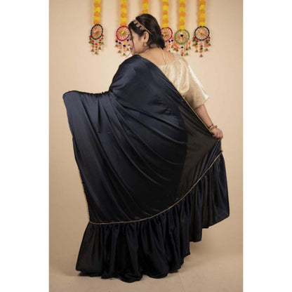 Isadora Life Womens Solid Sequined Black Pre-Draped Saree with Unstitched Blouse