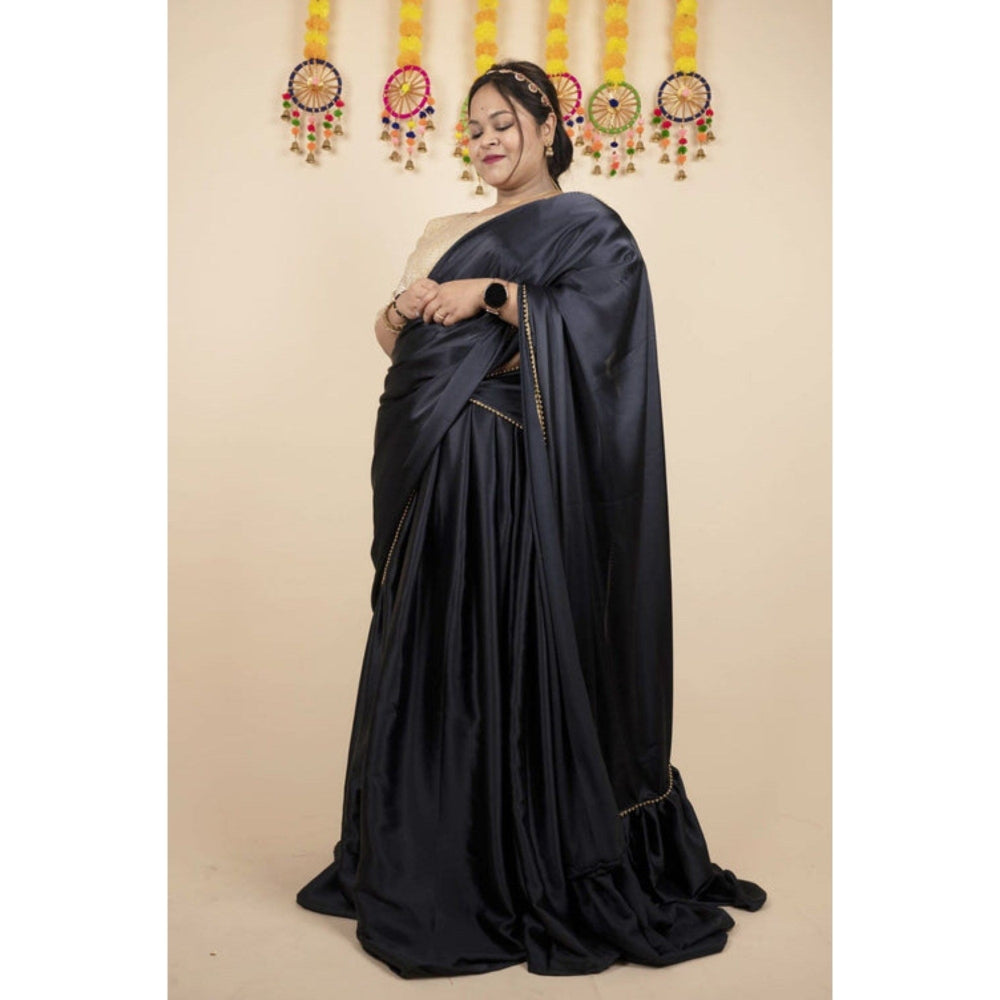 Isadora Life Womens Solid Sequined Black Pre-Draped Saree with Unstitched Blouse