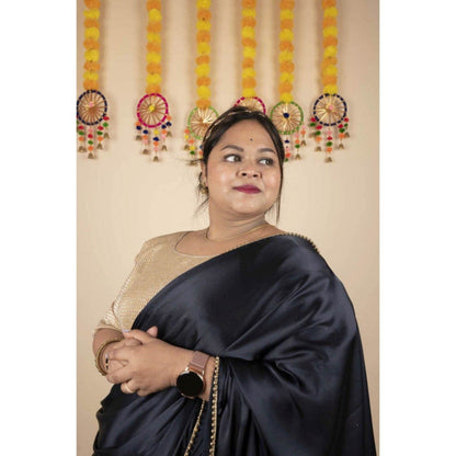 Isadora Life Womens Solid Sequined Black Pre-Draped Saree with Unstitched Blouse