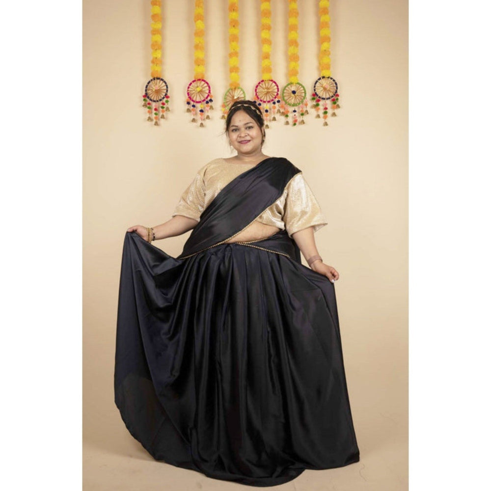 Isadora Life Womens Solid Sequined Black Pre-Draped Saree with Unstitched Blouse