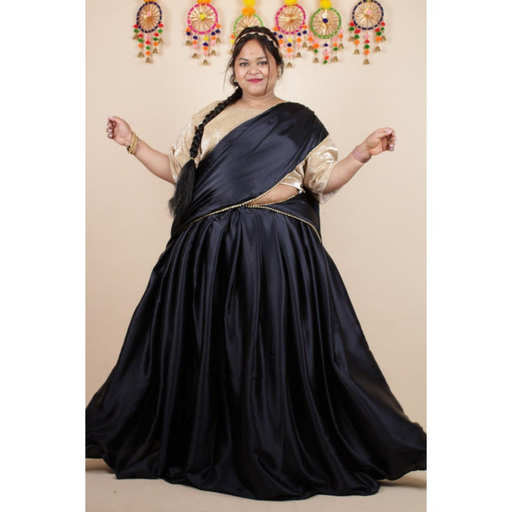 Isadora Life Womens Solid Sequined Black Pre-Draped Saree with Unstitched Blouse
