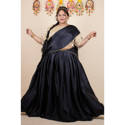 Isadora Life Womens Solid Sequined Black Pre-Draped Saree with Unstitched Blouse