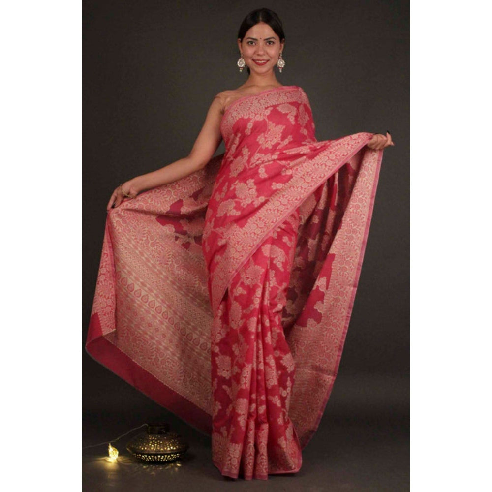 Isadora Life Womens Floral Woven Pink Pre-Draped Saree with Unstitched Blouse
