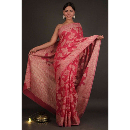 Isadora Life Womens Floral Woven Pink Pre-Draped Saree with Unstitched Blouse