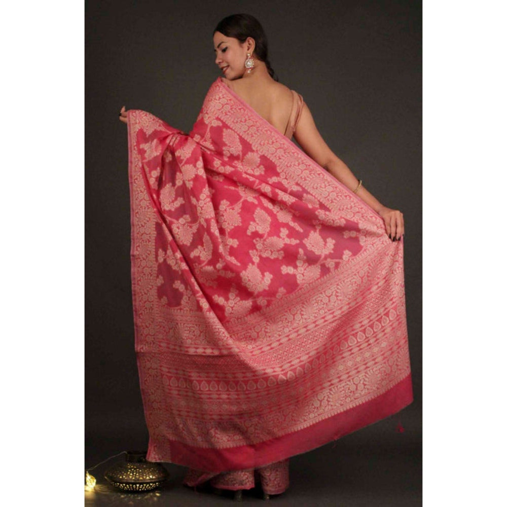 Isadora Life Womens Floral Woven Pink Pre-Draped Saree with Unstitched Blouse