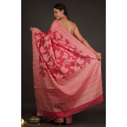 Isadora Life Womens Floral Woven Pink Pre-Draped Saree with Unstitched Blouse
