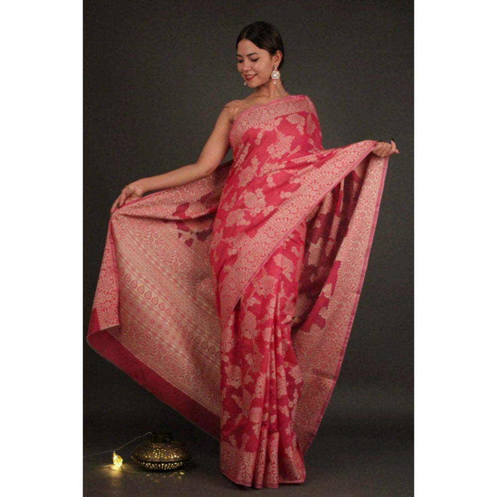 Isadora Life Womens Floral Woven Pink Pre-Draped Saree with Unstitched Blouse