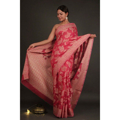 Isadora Life Womens Floral Woven Pink Pre-Draped Saree with Unstitched Blouse