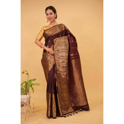 Isadora Life Womens Woven Tassels Purple Pre-Draped Saree with Unstitched Blouse