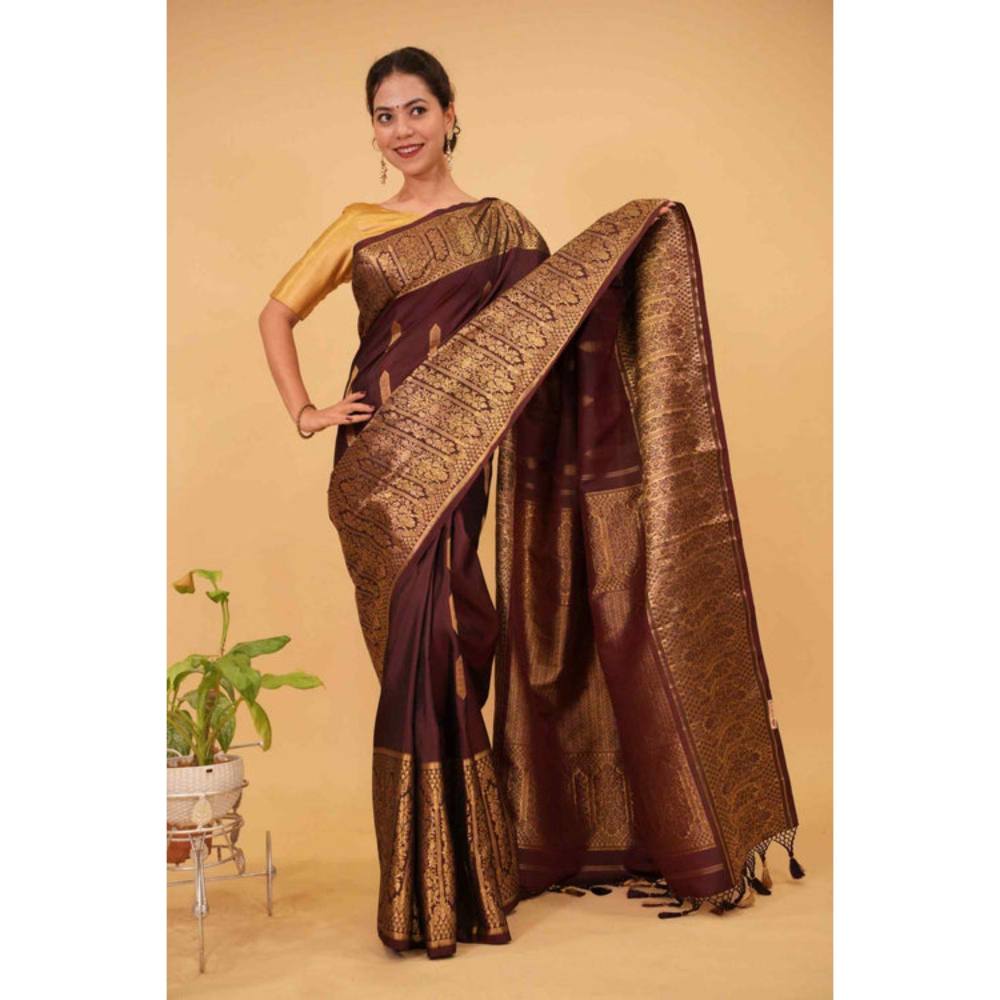 Isadora Life Womens Woven Tassels Purple Pre-Draped Saree with Unstitched Blouse