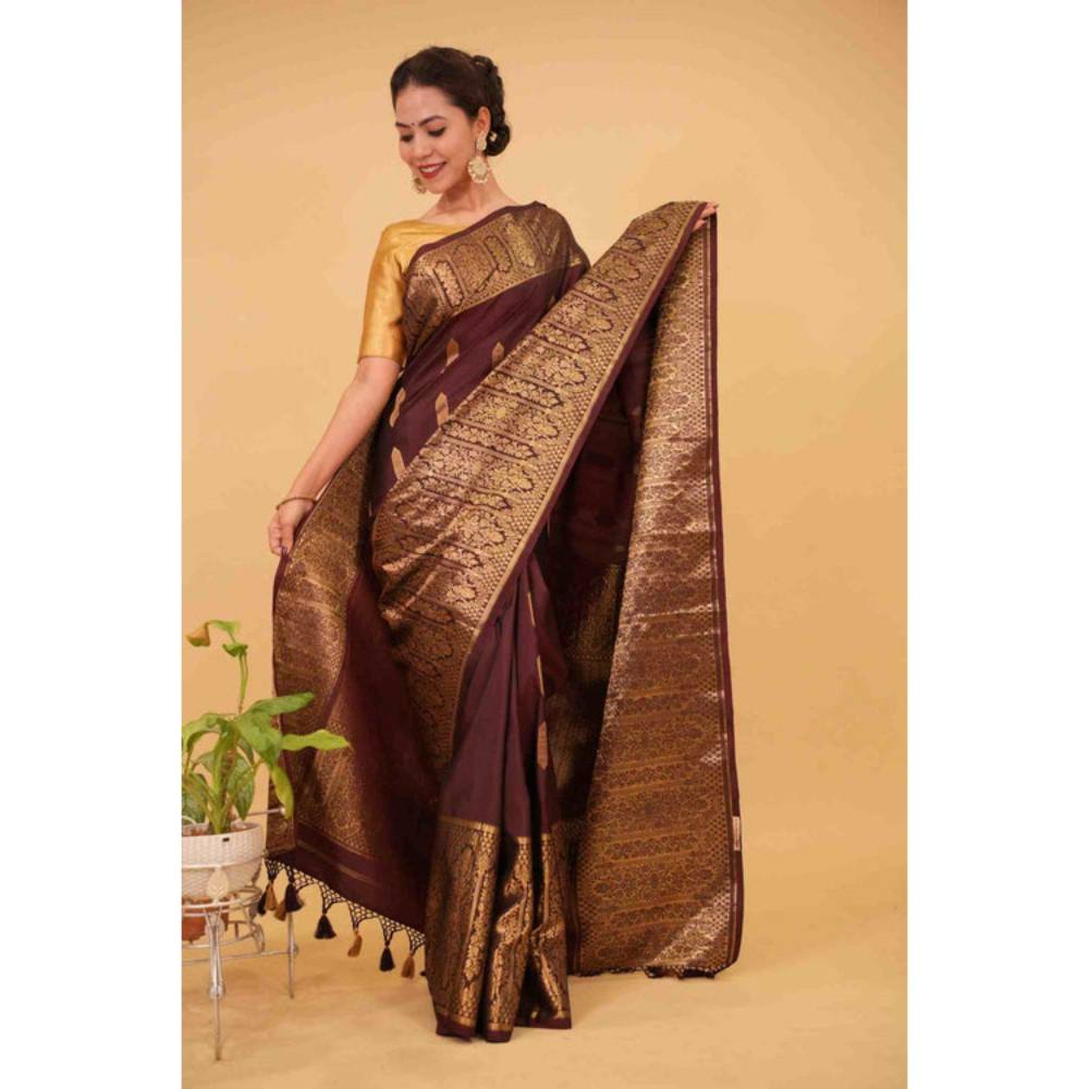 Isadora Life Womens Woven Tassels Purple Pre-Draped Saree with Unstitched Blouse