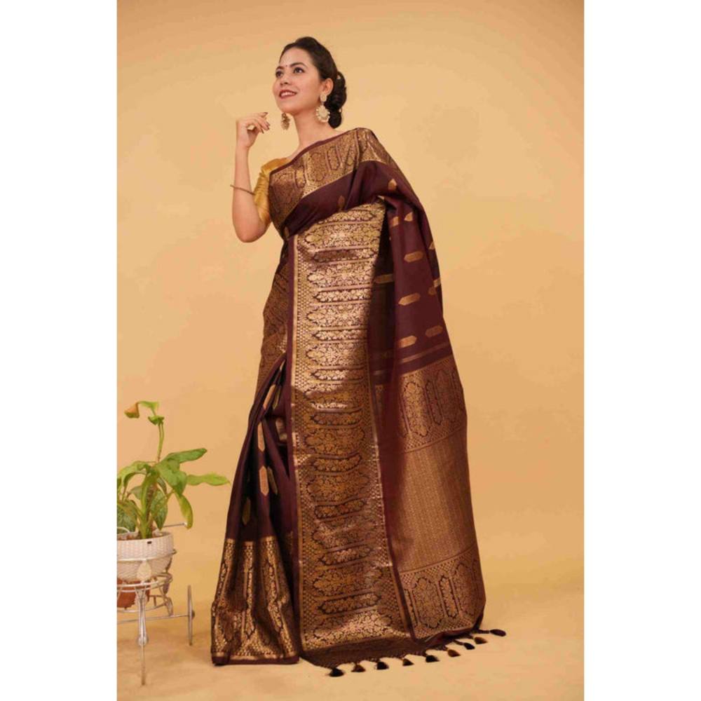 Isadora Life Womens Woven Tassels Purple Pre-Draped Saree with Unstitched Blouse