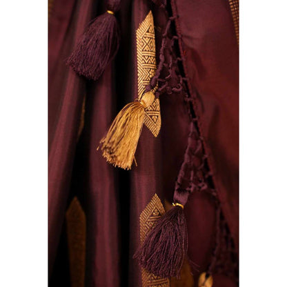 Isadora Life Womens Woven Tassels Purple Pre-Draped Saree with Unstitched Blouse