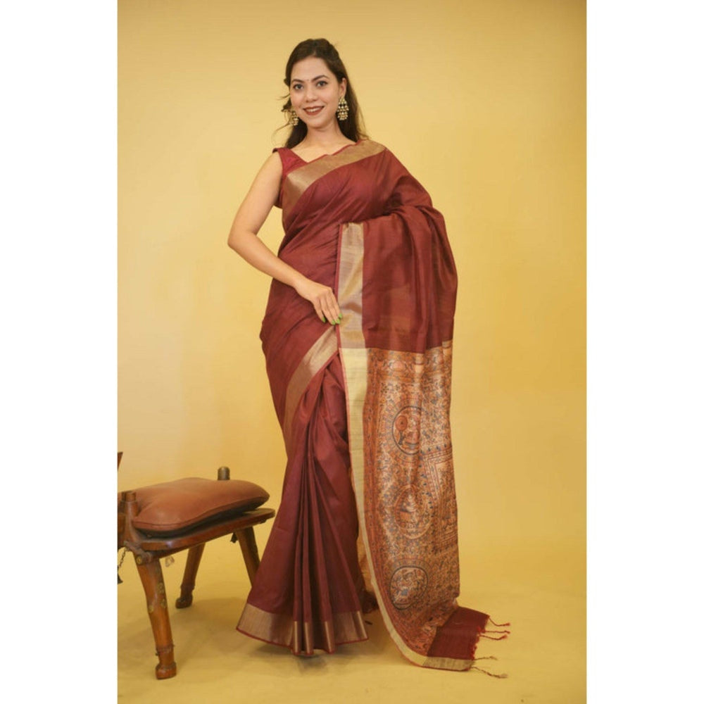 Isadora Life Womens Woven Tassels Maroon Pre-Draped Saree with Unstitched Blouse