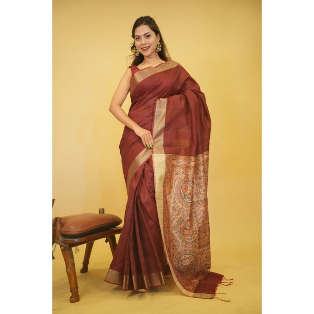 Isadora Life Womens Woven Tassels Maroon Pre-Draped Saree with Unstitched Blouse