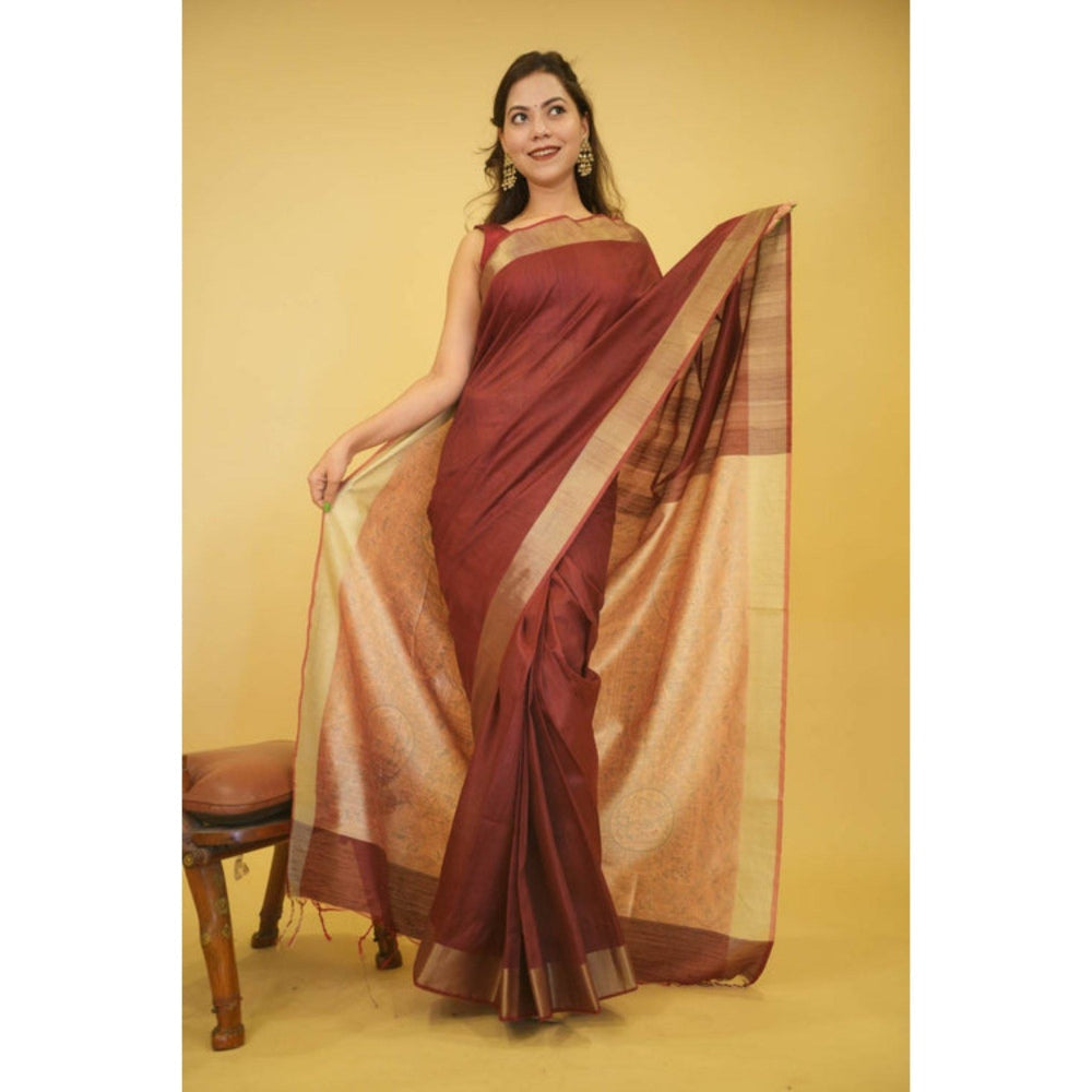 Isadora Life Womens Woven Tassels Maroon Pre-Draped Saree with Unstitched Blouse