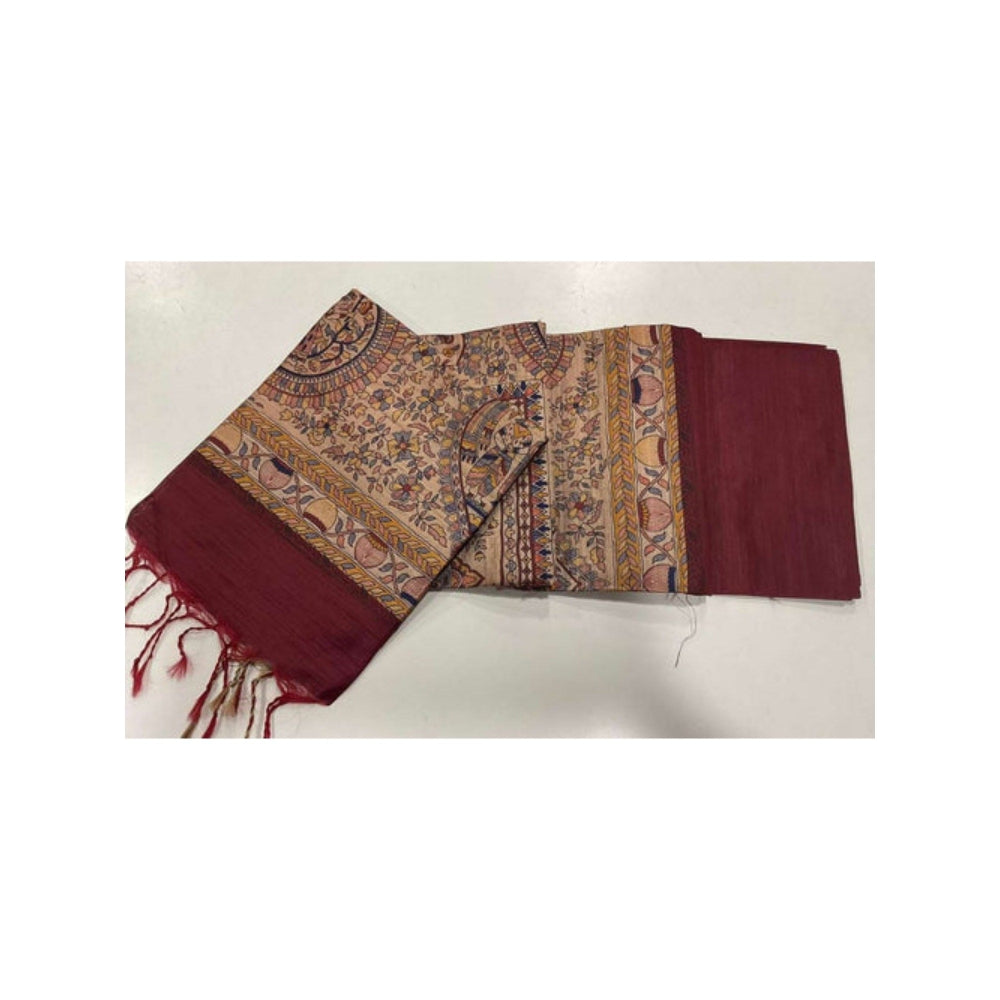 Isadora Life Womens Woven Tassels Maroon Pre-Draped Saree with Unstitched Blouse