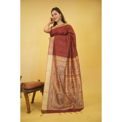 Isadora Life Womens Woven Tassels Maroon Pre-Draped Saree with Unstitched Blouse