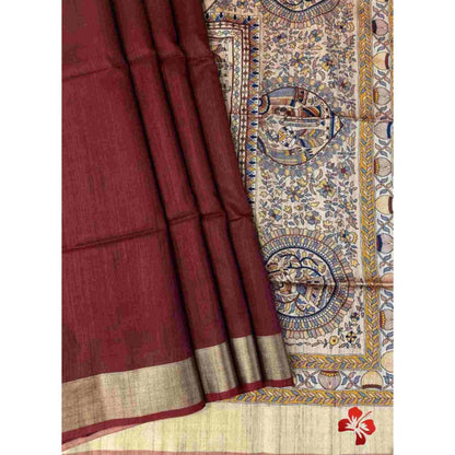 Isadora Life Womens Woven Tassels Maroon Pre-Draped Saree with Unstitched Blouse
