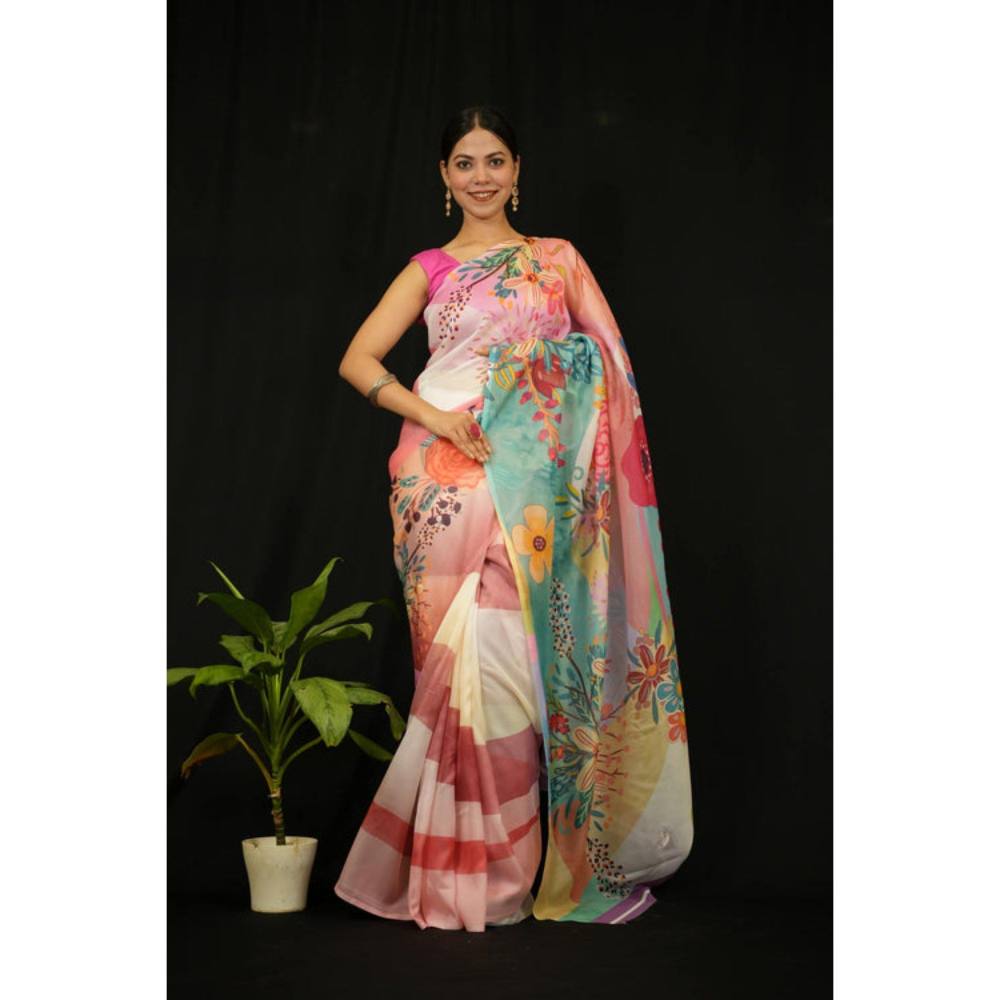 Isadora Life Womens Floral Printed Multi-Color Pre-Draped Saree with Unstitched Blouse