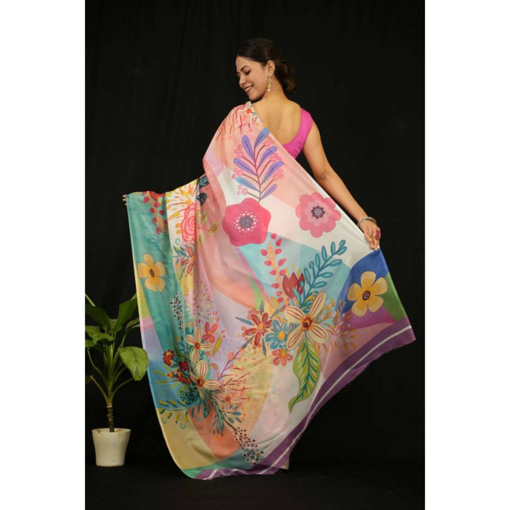 Isadora Life Womens Floral Printed Multi-Color Pre-Draped Saree with Unstitched Blouse