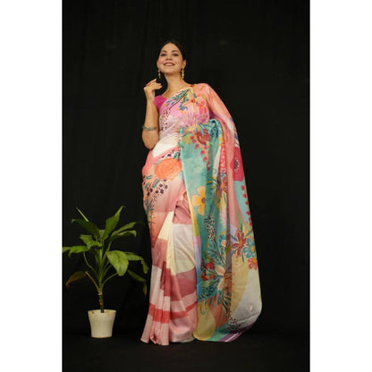 Isadora Life Womens Floral Printed Multi-Color Pre-Draped Saree with Unstitched Blouse