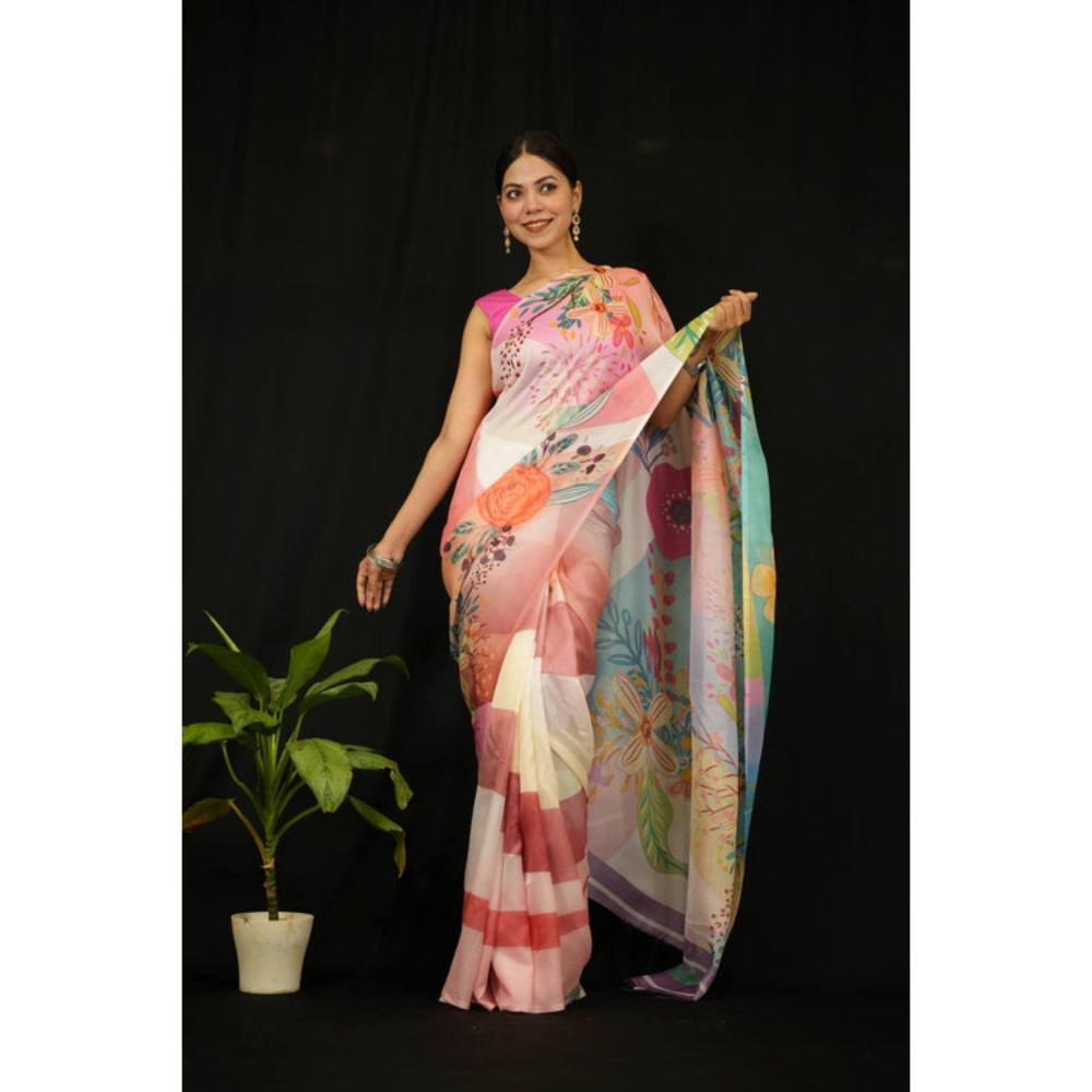 Isadora Life Womens Floral Printed Multi-Color Pre-Draped Saree with Unstitched Blouse
