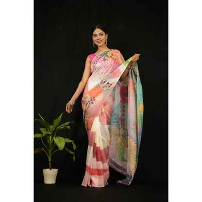 Isadora Life Womens Floral Printed Multi-Color Pre-Draped Saree with Unstitched Blouse