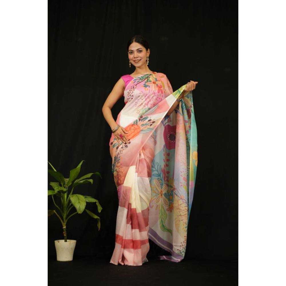 Isadora Life Womens Floral Printed Multi-Color Pre-Draped Saree with Unstitched Blouse