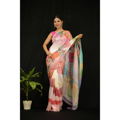 Isadora Life Womens Floral Printed Multi-Color Pre-Draped Saree with Unstitched Blouse